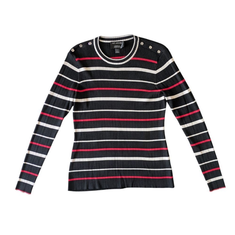 St John For Nordstrom Ribbed Black Red Taupe Striped Sweater Large Quiet Luxury